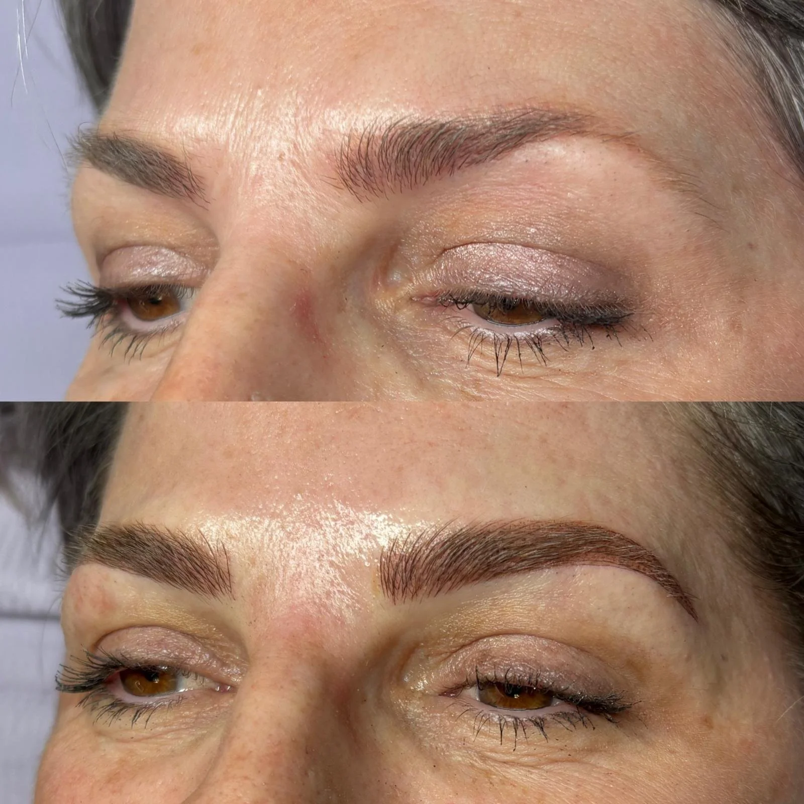 Before and immediately after brow colour correction, showing faded red pigment balanced with a richer brown tone and more defined shape.
