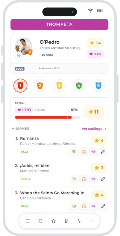 App de TONUS con el progreso, logros y nivel del alumno