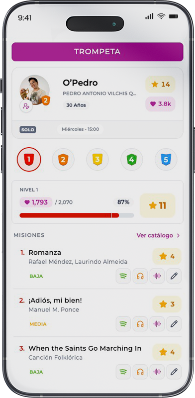 App de TONUS con el progreso, logros y nivel del alumno