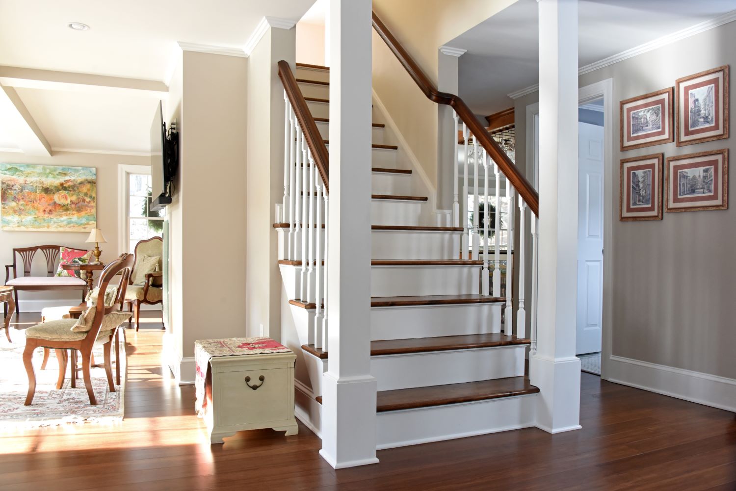 center stairs with open floor plan 