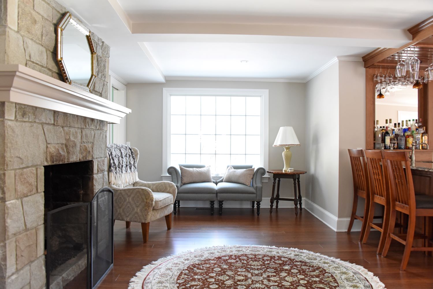 Renovated sitting room with fireplace