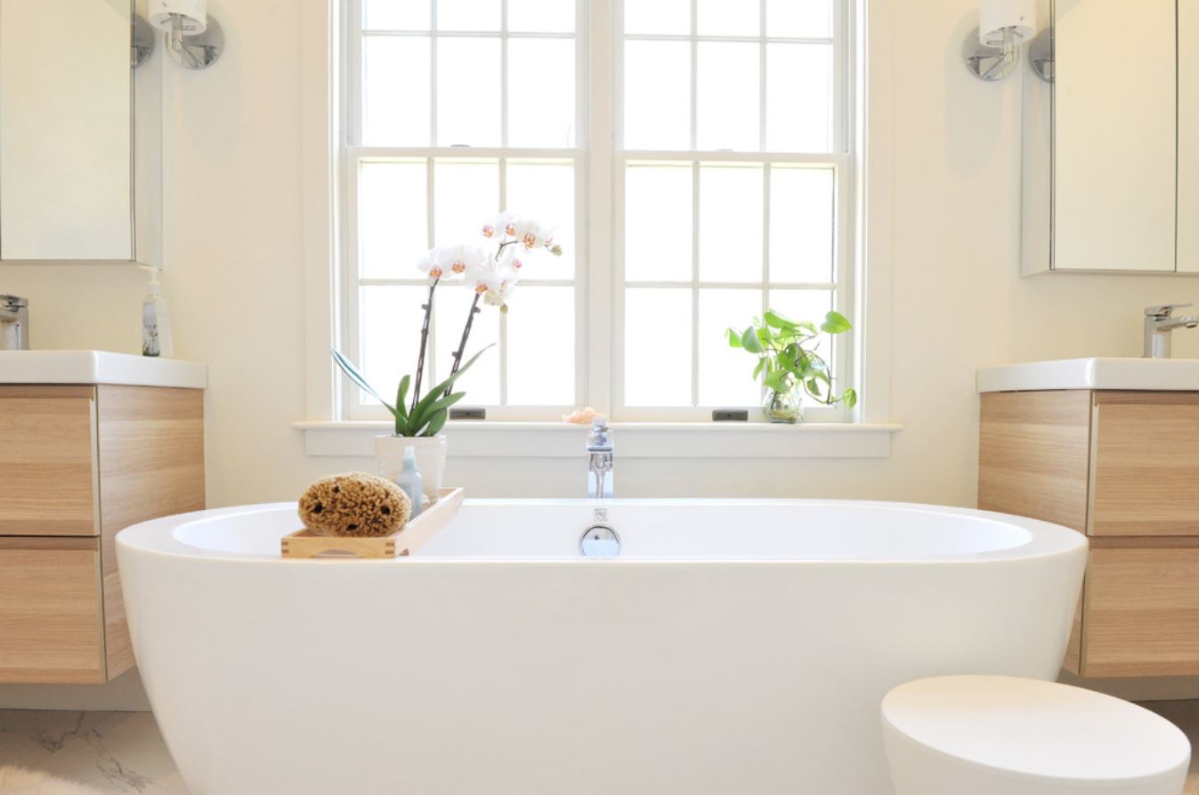 master bath with luxury, freestanding tub