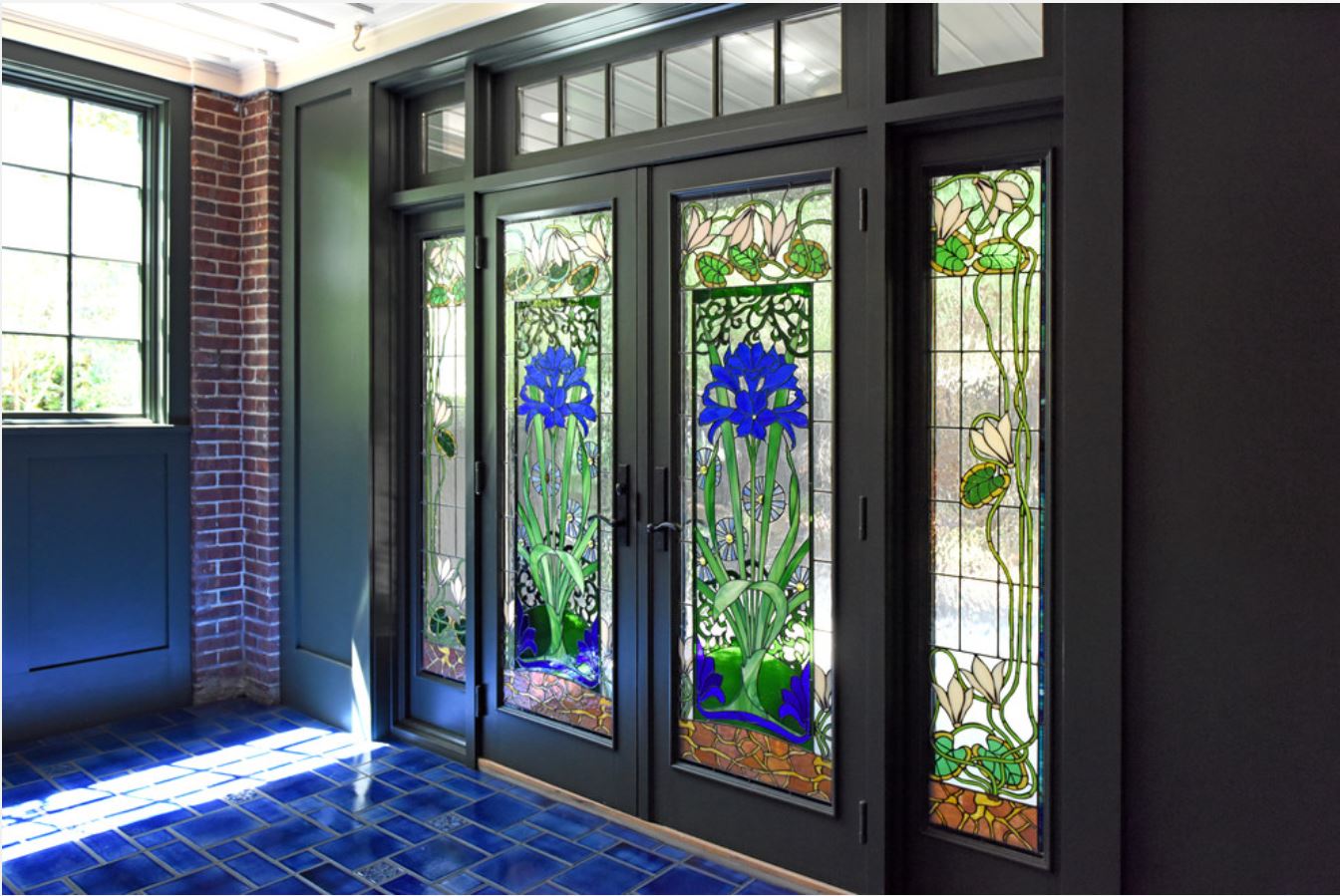 french doors with custom stained glass