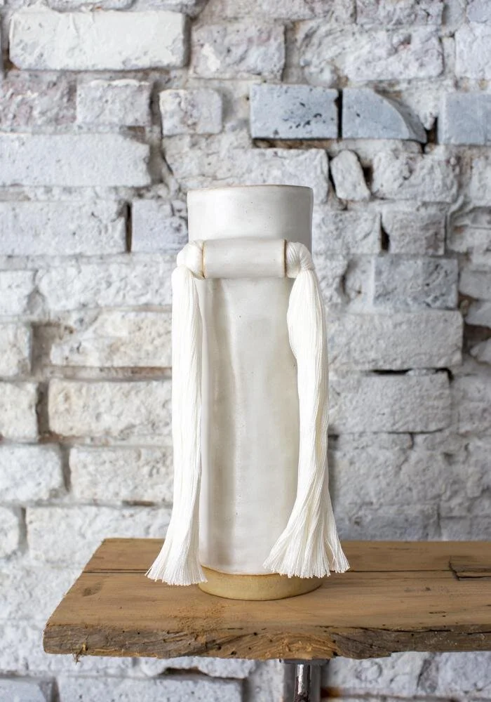 Fringe Detail White Glazed Stoneware Vase