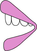 Illustration of an open mouth from the side view with pink lips and teeth.
