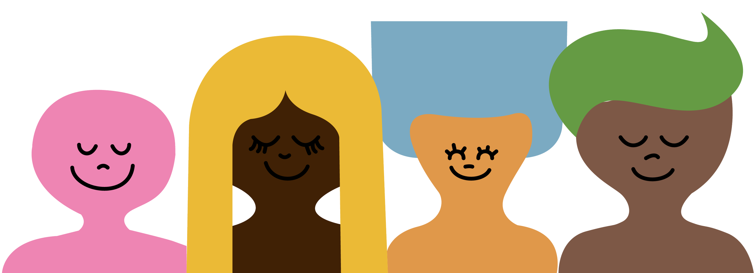 Illustration of four people with different skin tones, hair styles, and hair colors smiling with their eyes closed.