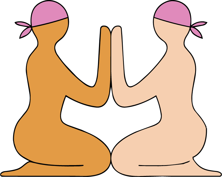 Illustration of two women sitting on their feet facing each other with their hands raised and pressed against the other's. They are both wearing pink bandanas.