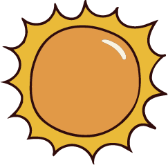 Illustration of a sun with yellow rays and an orange center.