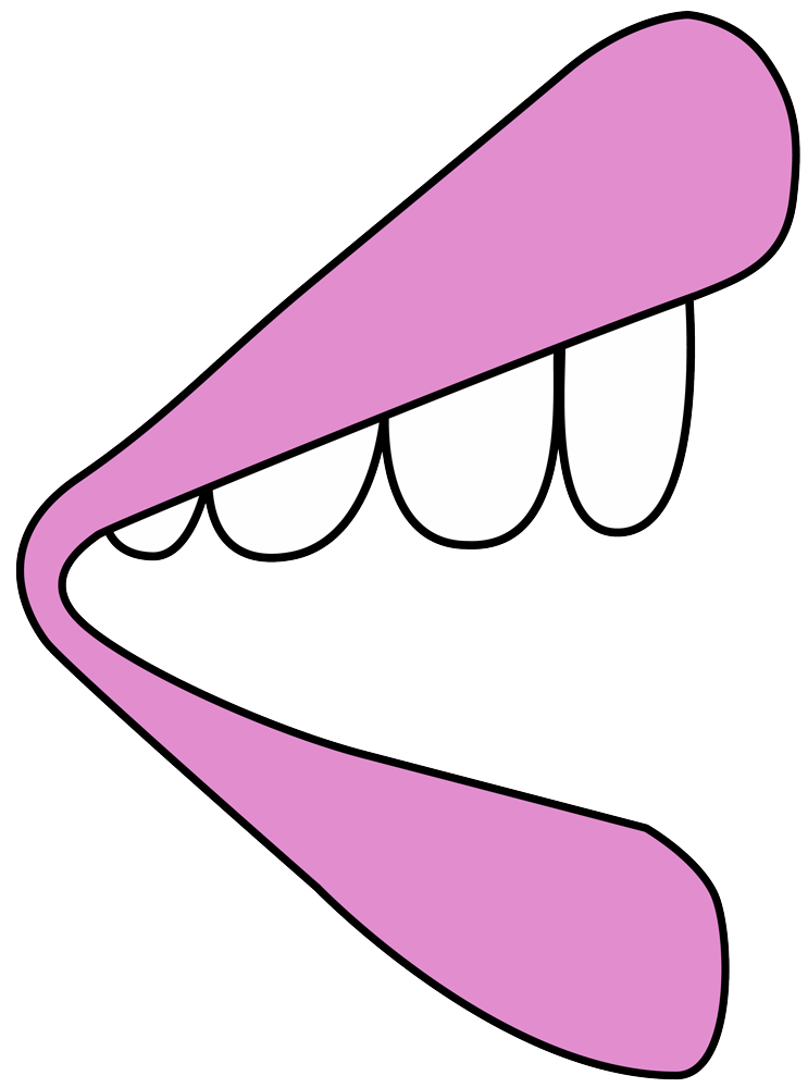 Illustration of an open mouth from a side view with pink lips and teeth.