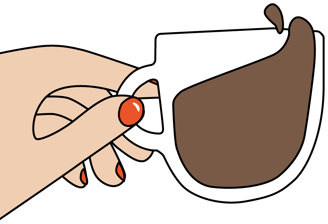 Illustration of a hand holding out a cup of coffee. The coffee is slightly splashing in the cup.
