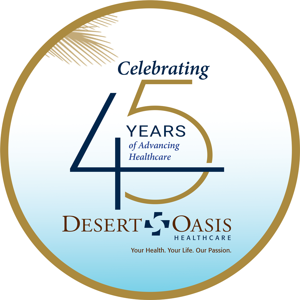 A circular logo celebrating 45 years of Desert Oasis Healthcare with gold, blue, and brown text and design elements, including a palm leaf illustration in the top left.