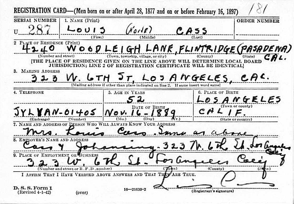 Louis Cass WWII Draft Registration Card, c. 1942