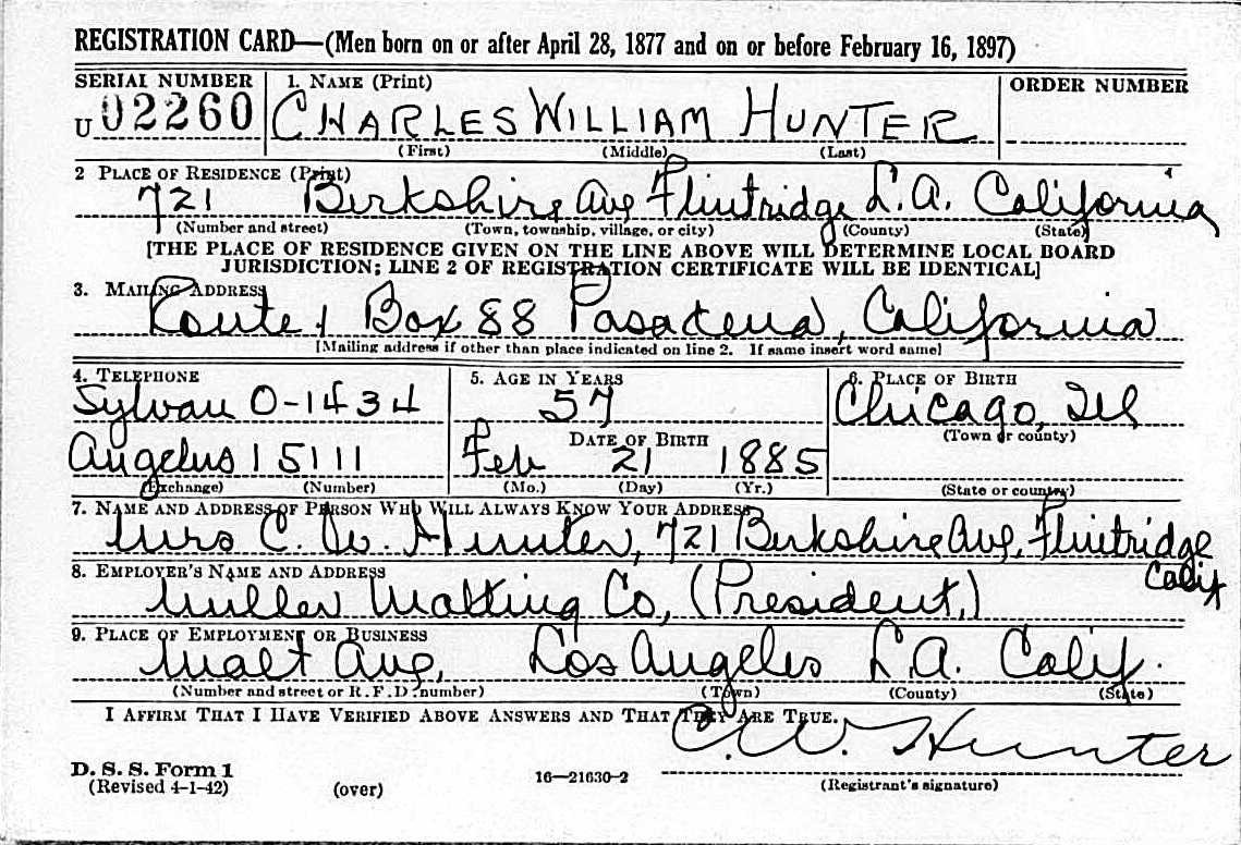 Charles Hunter WWII Draft Registration Card, c. 1942