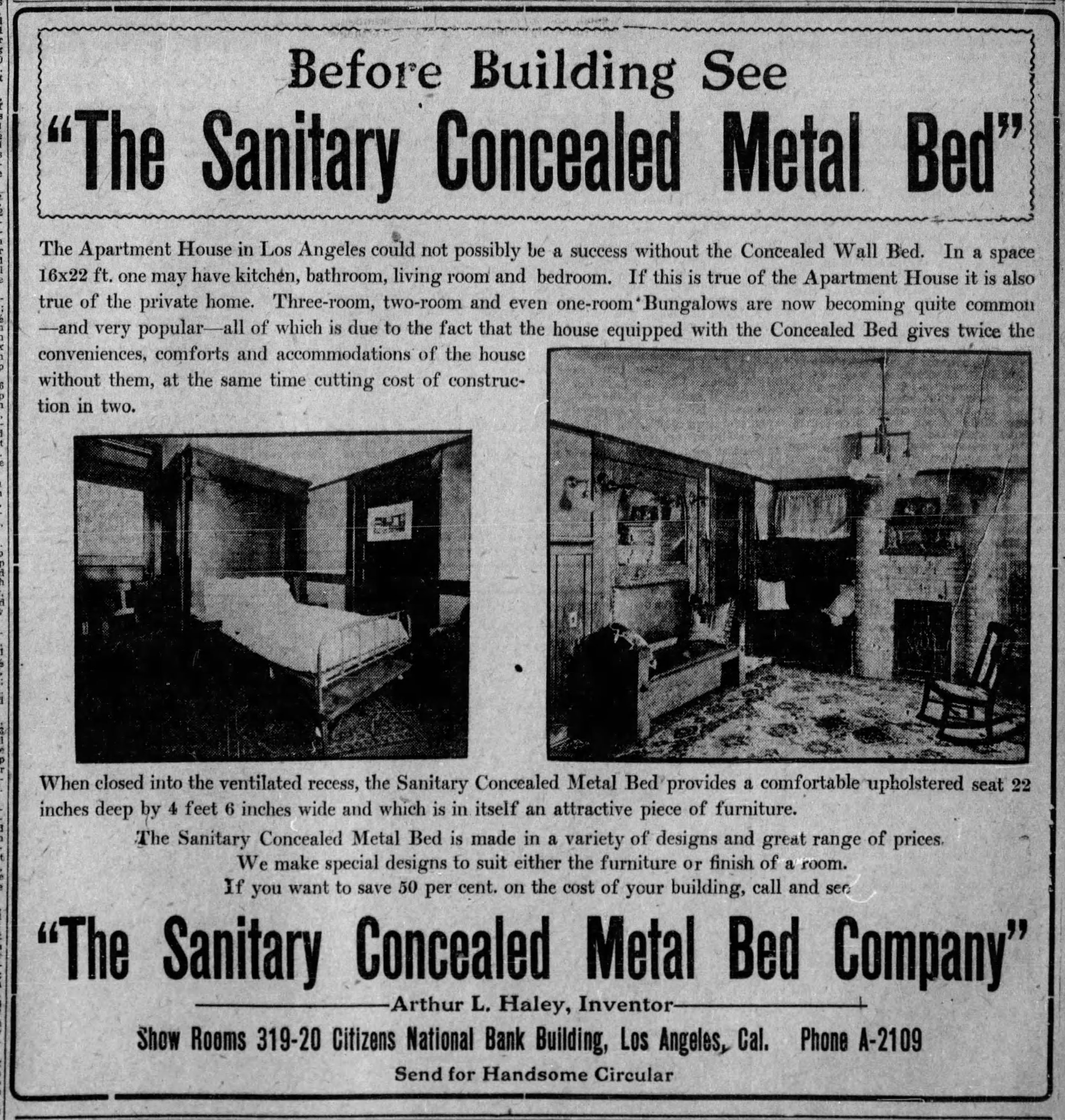 Advertisement for the Sanitary Concealed Metal Bed