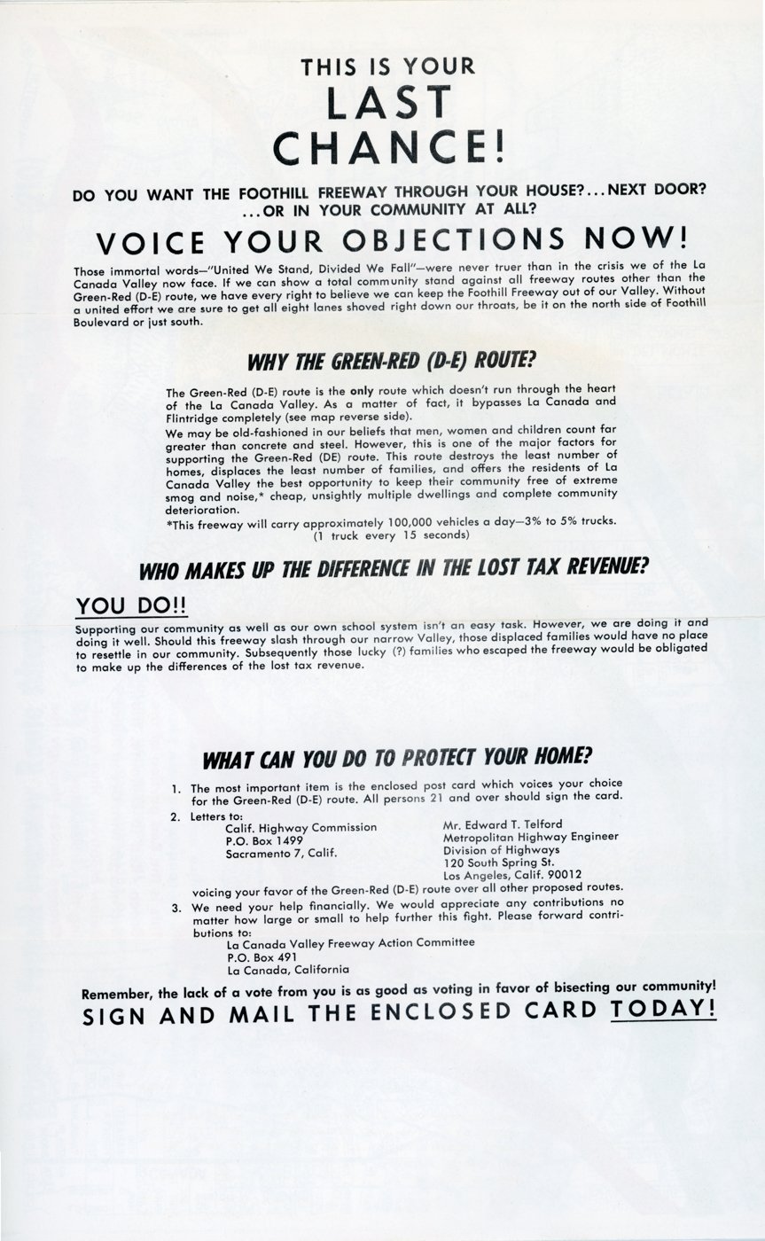  Flyer with map by the La Cañada Valley Freeway Action Committee, May 1964 