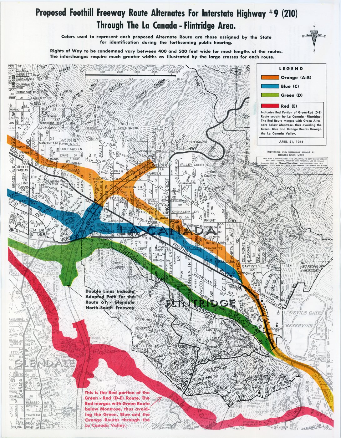  Map with flyer by the La Cañada Valley Freeway Action Committee, May 1964 