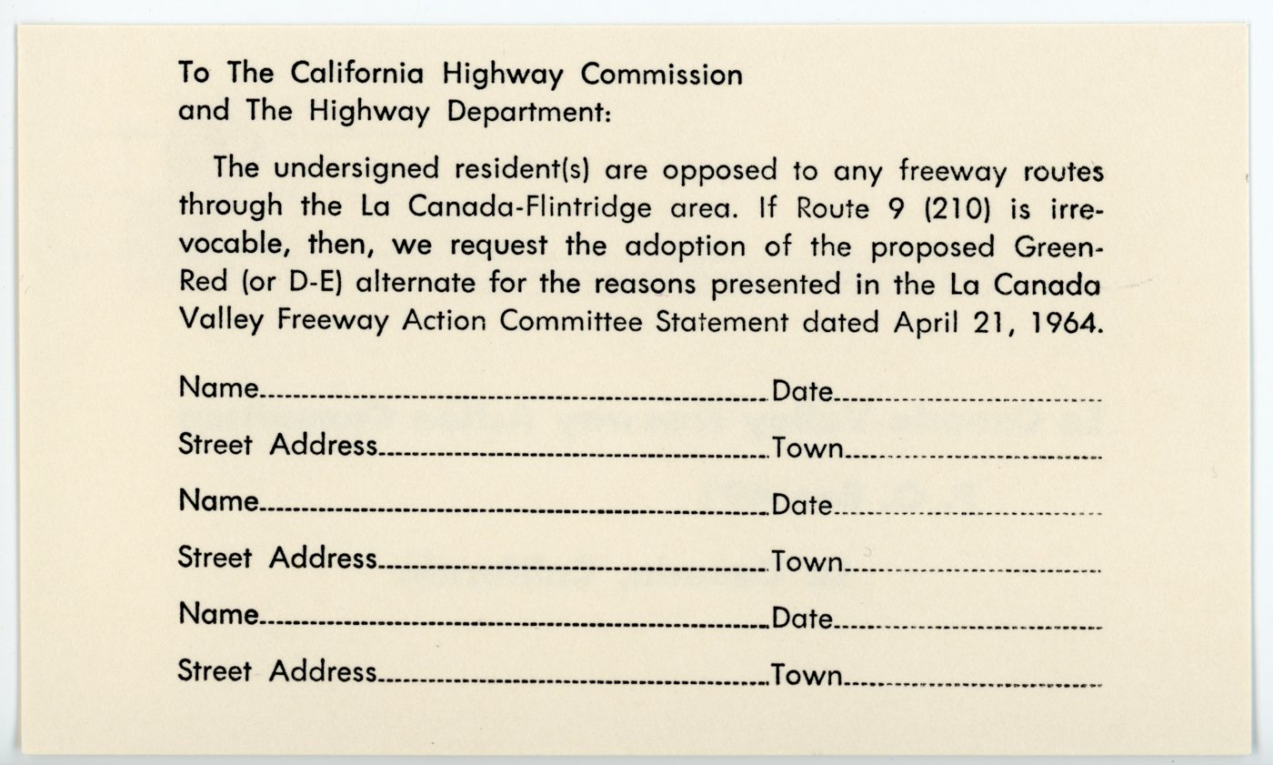  Insert that came with the flyer and map by the La Cañada Valley Freeway Action Committee, May 1964 