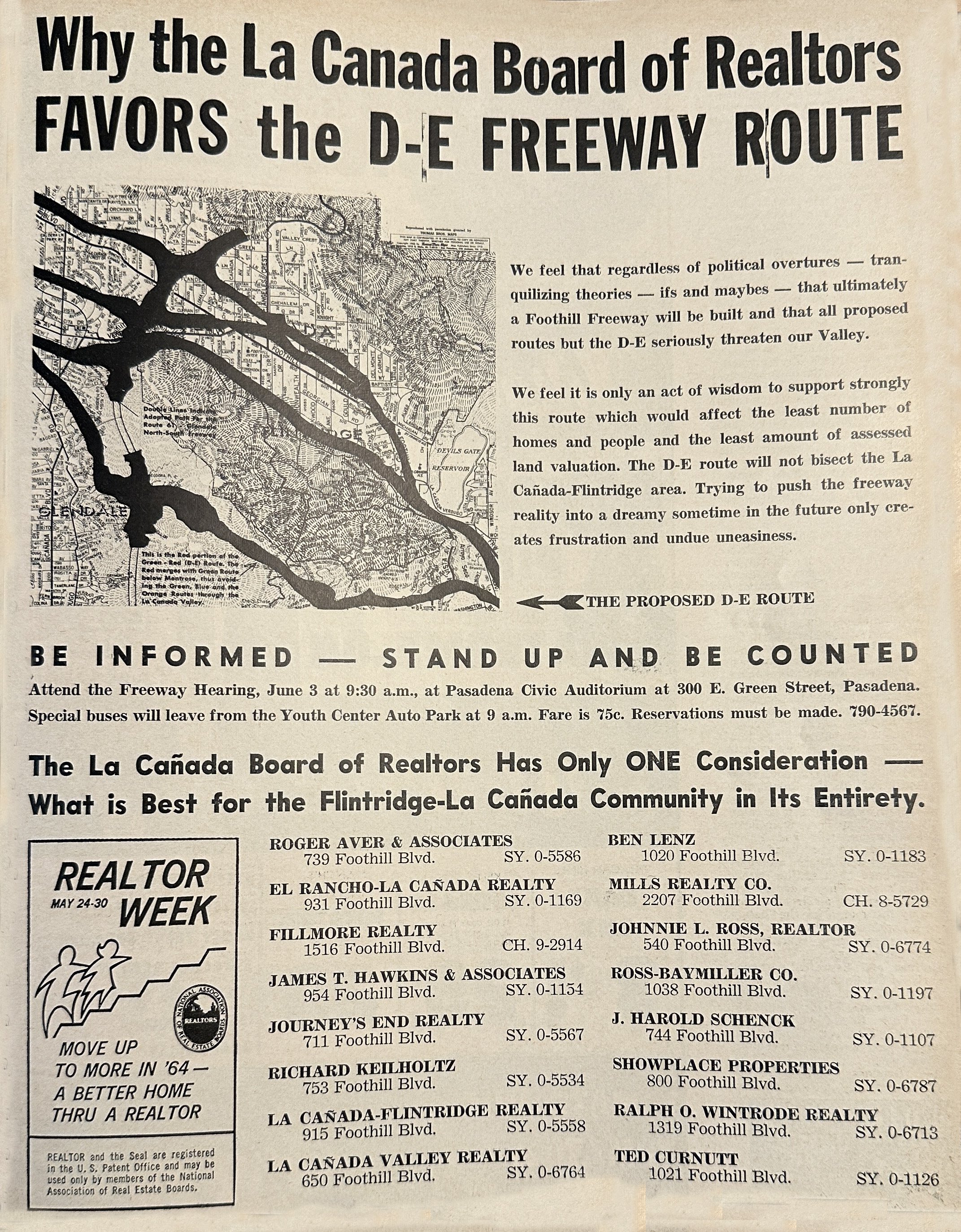  Advertisement in the La Cañada Valley Sun from local realtors supporting the D-E Route, May 21, 1964 