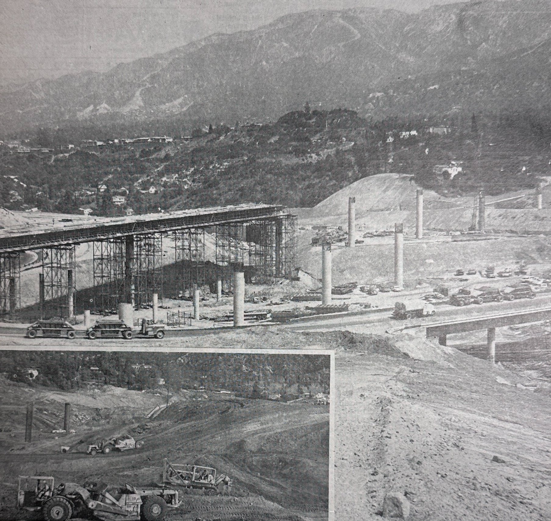  Construction of the portion of the Glendale Freeway that meets with the Foothill Freeway over Verdugo Boulevard. Cover image from the August 12, 1971 edition of the  La Cañada Valley Sun . 