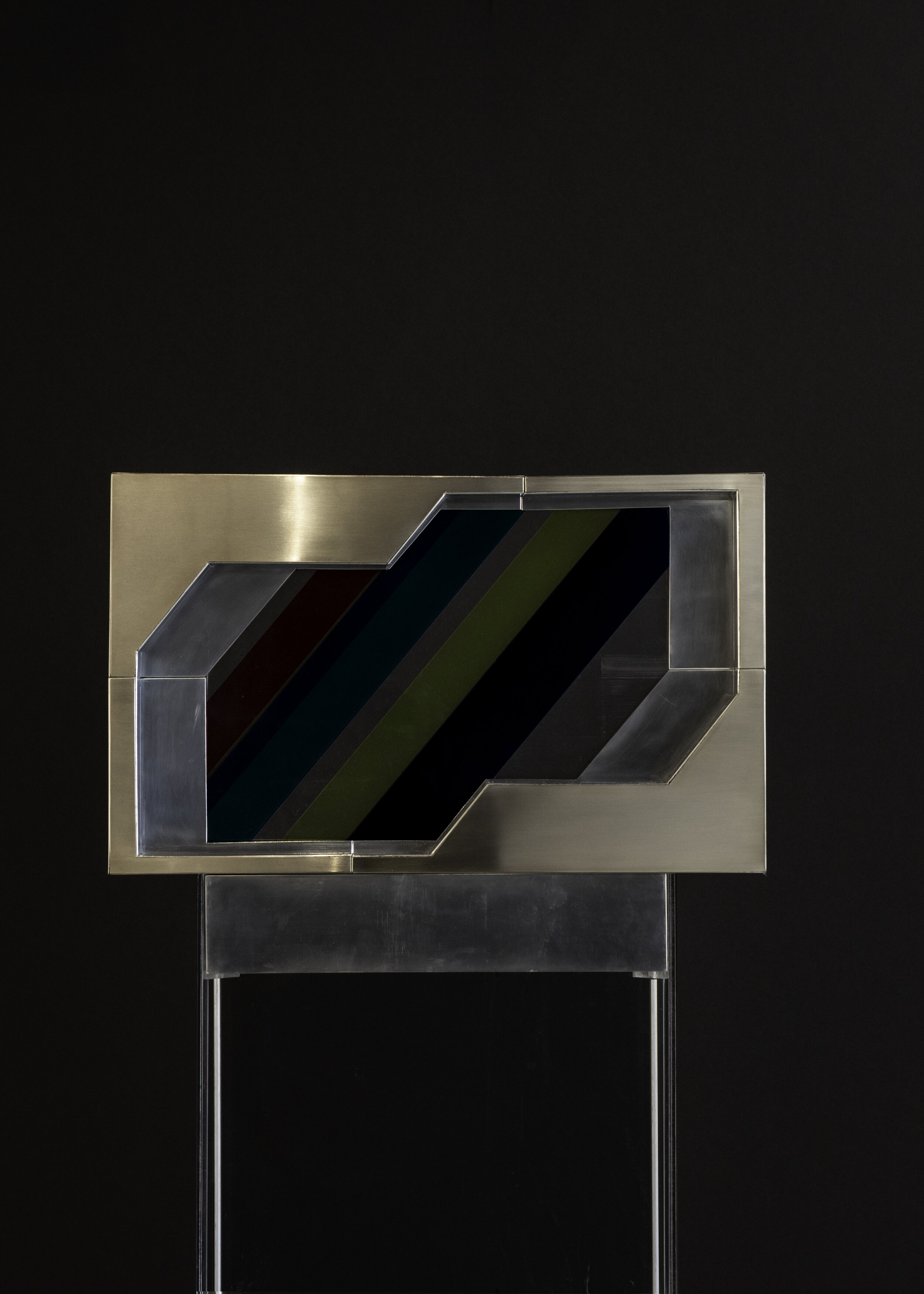 Synchronetic C-3095, 1969, Aluminum, stainless steel &amp; plexiglass, 57 x 27 x 10
