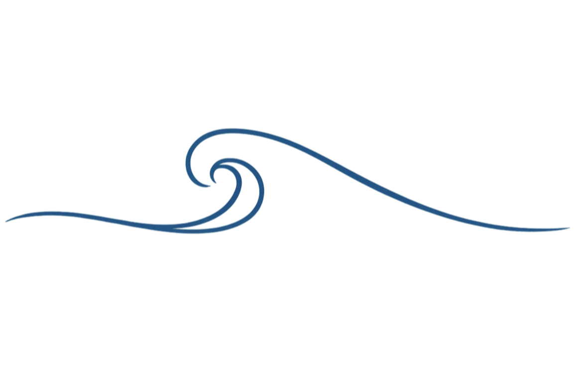 A stylized blue wave with a curved crest and elongated tail against a white background.
