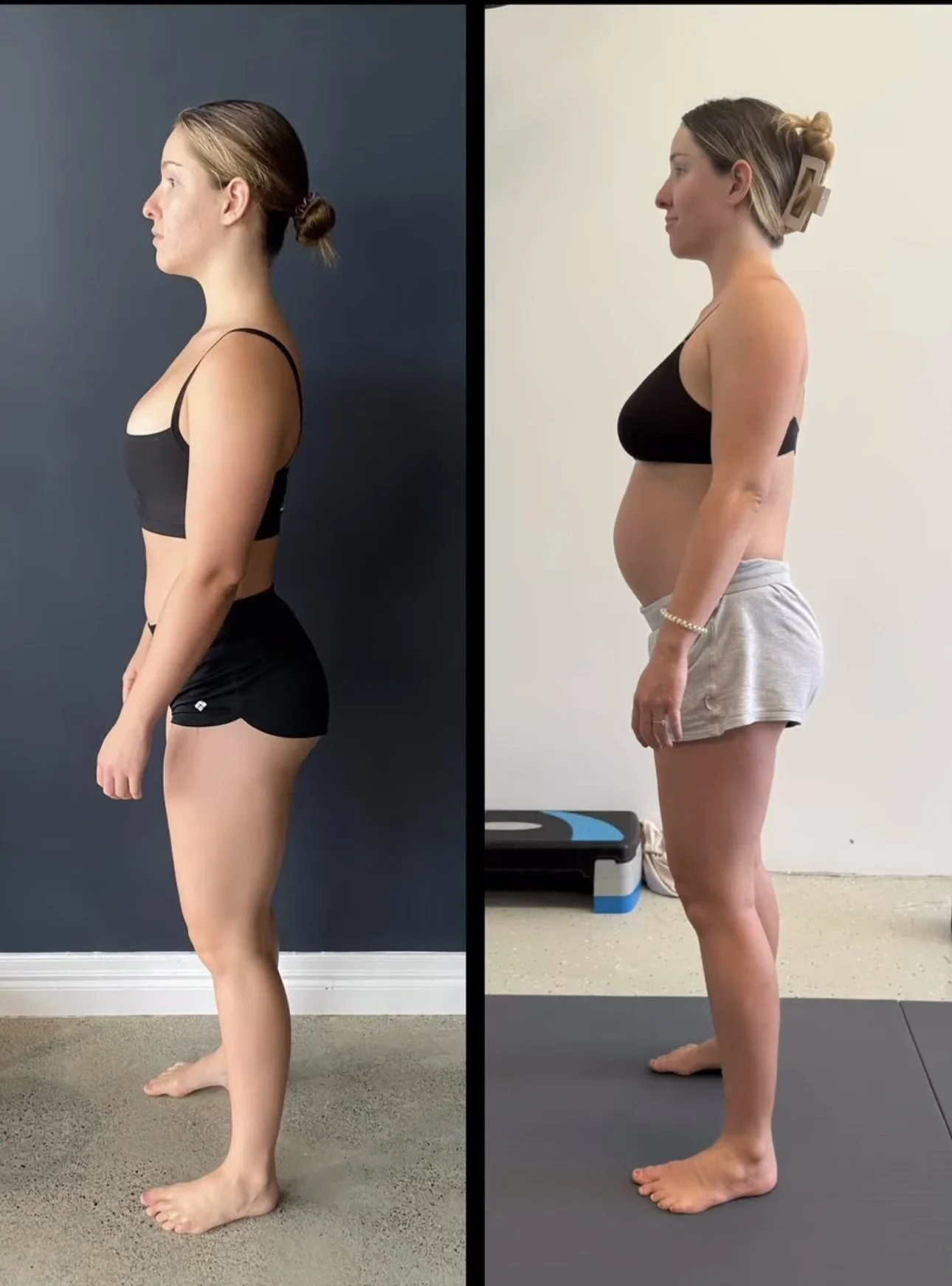 Side-by-side comparison of a woman before and after pregnancy. On the left, she appears slimmer with a toned physique, and on the right, she has a visible baby bump and is in a different setting with workout equipment.