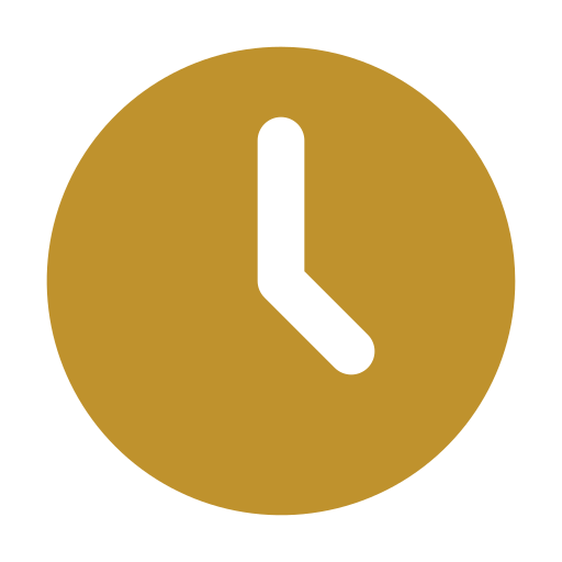An icon of a clock with a black face and gold outer circle showing the time as approximately 4:00.