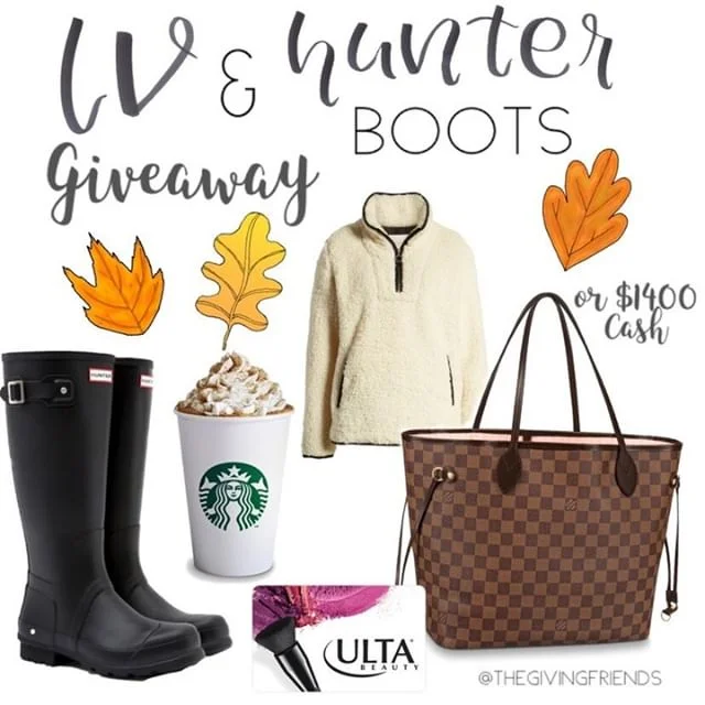 🍂LOUIS VUITTON NEVER FULL OR PAYPAL CASH GIVEAWAY🍂⠀⠀⠀⠀⠀⠀⠀⠀⠀
.⠀⠀⠀⠀⠀⠀⠀⠀⠀
📣I&rsquo;ve teamed up with some amazing bloggers to gift one of you this amazing fashion bundle: $1,000 to Louis Vuitton, $150 for Hunter rain boots, $20 to Starbucks, $78 Wubb