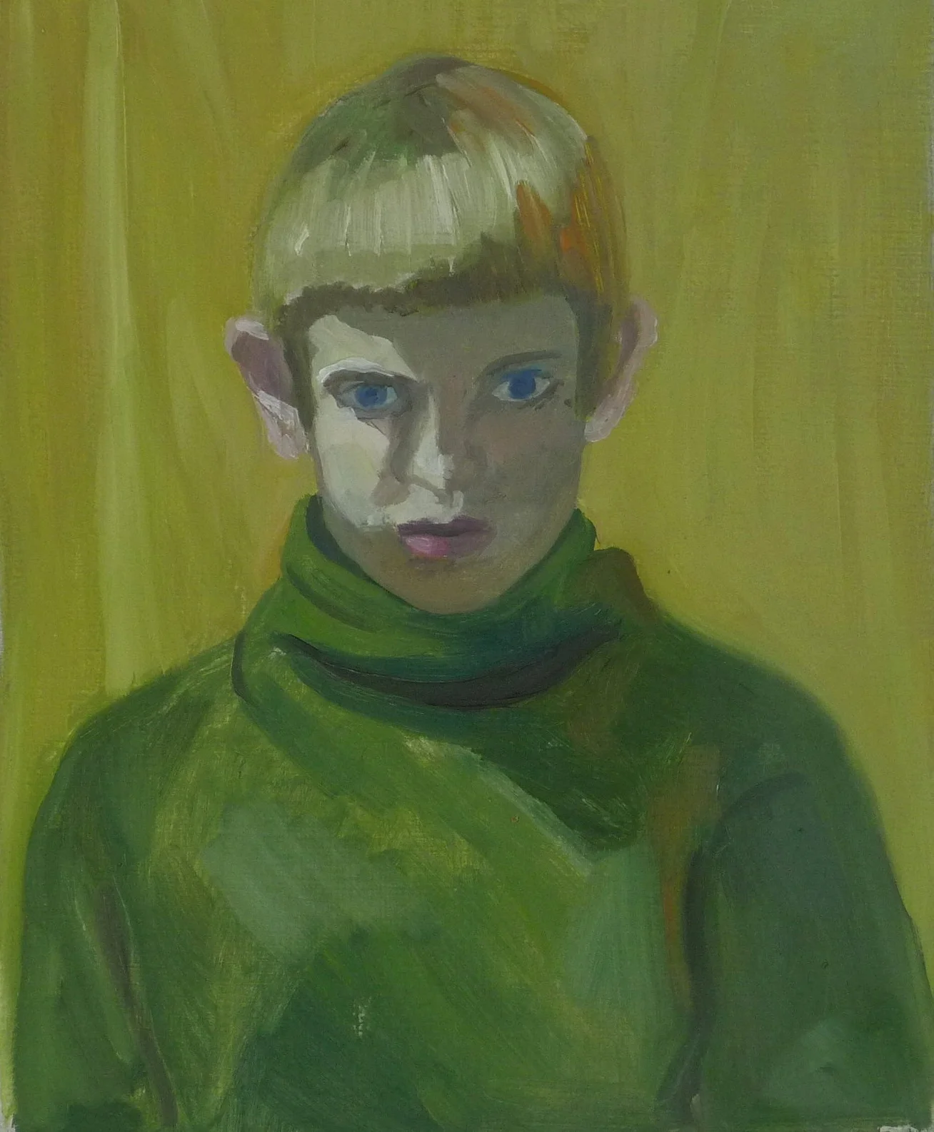   Self Portrait in Green Sweater , 12.5” x 11”, Oil on paper, 2013 