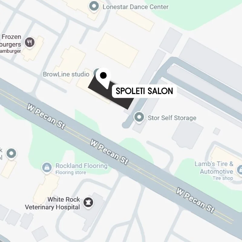 Map showing the location of Spoleti Salon on W Pecan Street with nearby landmarks such as White Rock Veterinary Hospital and Rockland Flooring.