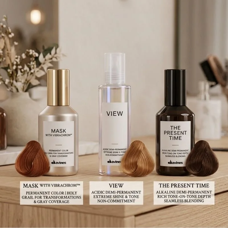 Three bottles of hair color products with color swatches in front of them on a wooden surface. The left bottle labeled "MASK" with a gold cap, the middle labeled "VIEW" with a clear cap, and the right labeled "THE PRESENT TIME" with a black cap.