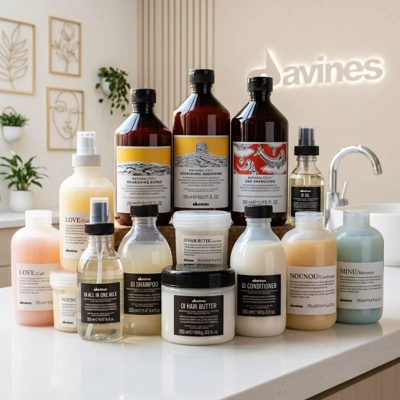 Assorted hair care products on a white counter in a salon, including shampoos, conditioners, hair butters, oils, and sprays, with a salon logo illuminated on the wall in the background.
