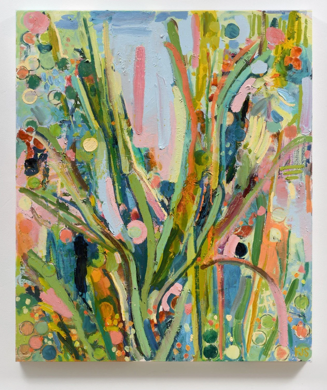 gestural colorful abstract oil painting featuring foliage and shrubbery in blues yellows and pinks.