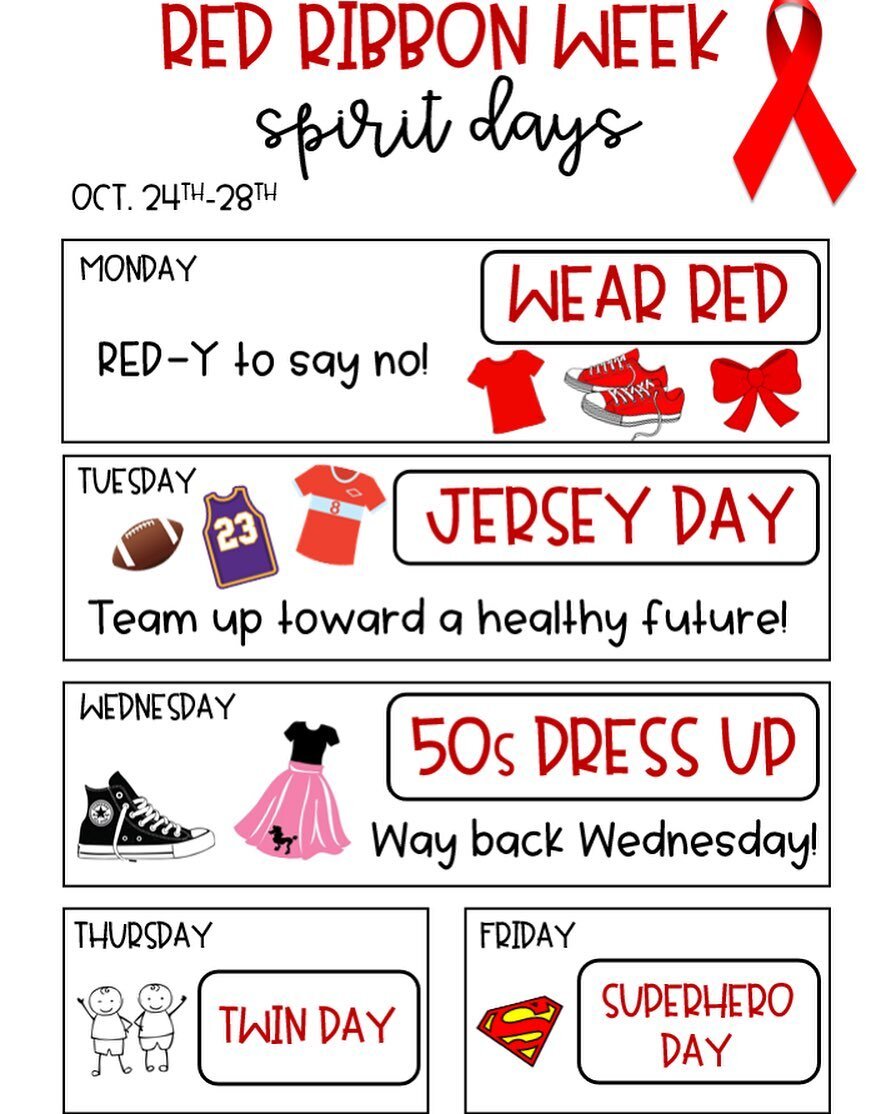 Red Ribbon Week is coming! Next week students can show their school spirit by participating in the weeks Spirit Days! 🐬❤️👏🏼