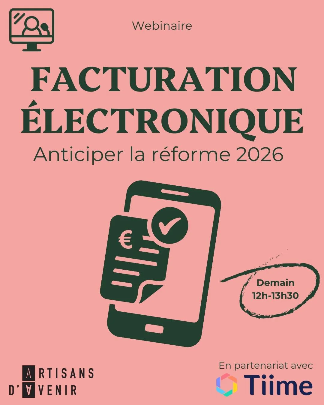 &Agrave; partir de 2026, la facturation &eacute;lectronique devient progressivement obligatoire pour toutes les entreprises. 

📅 Demain, rejoignez le webinaire anim&eacute; par @tiime_fr en partenariat avec Artisans d&rsquo;Avenir pour comprendre ce