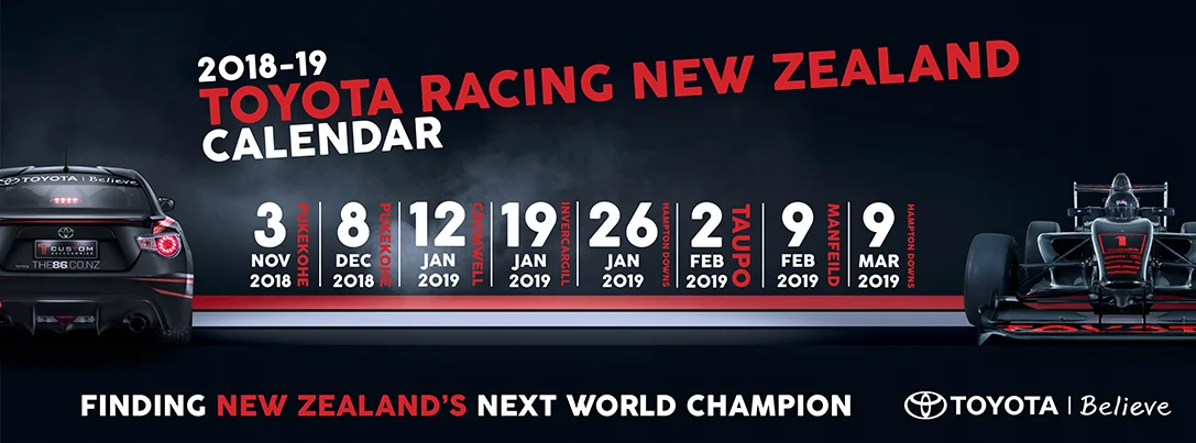 Toyota Racing New Zealand 2018-19 Calendar - Facebook cover photo 820 pixels wide by 312 pixels