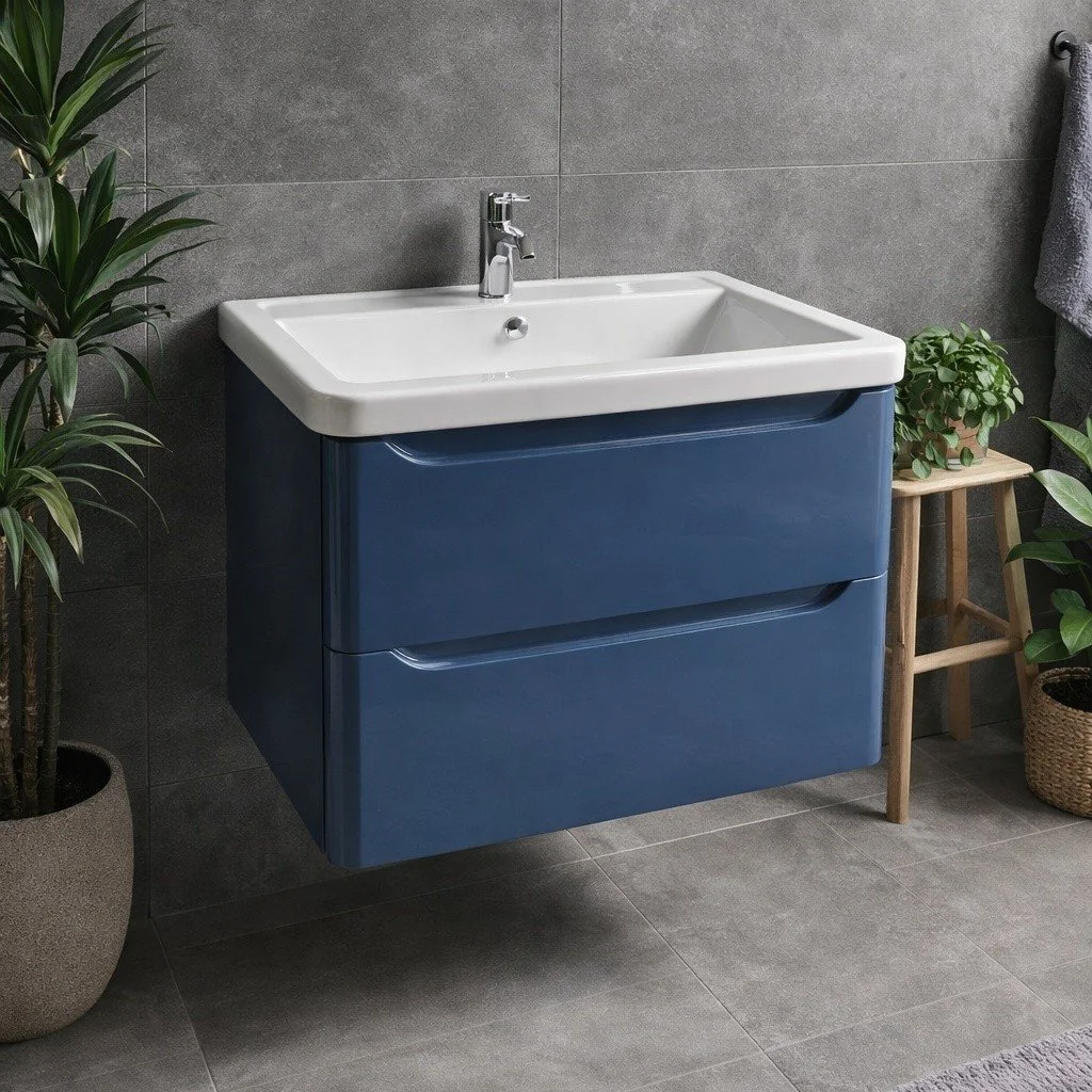 This wall hung navy vanity and basin is only &pound;200