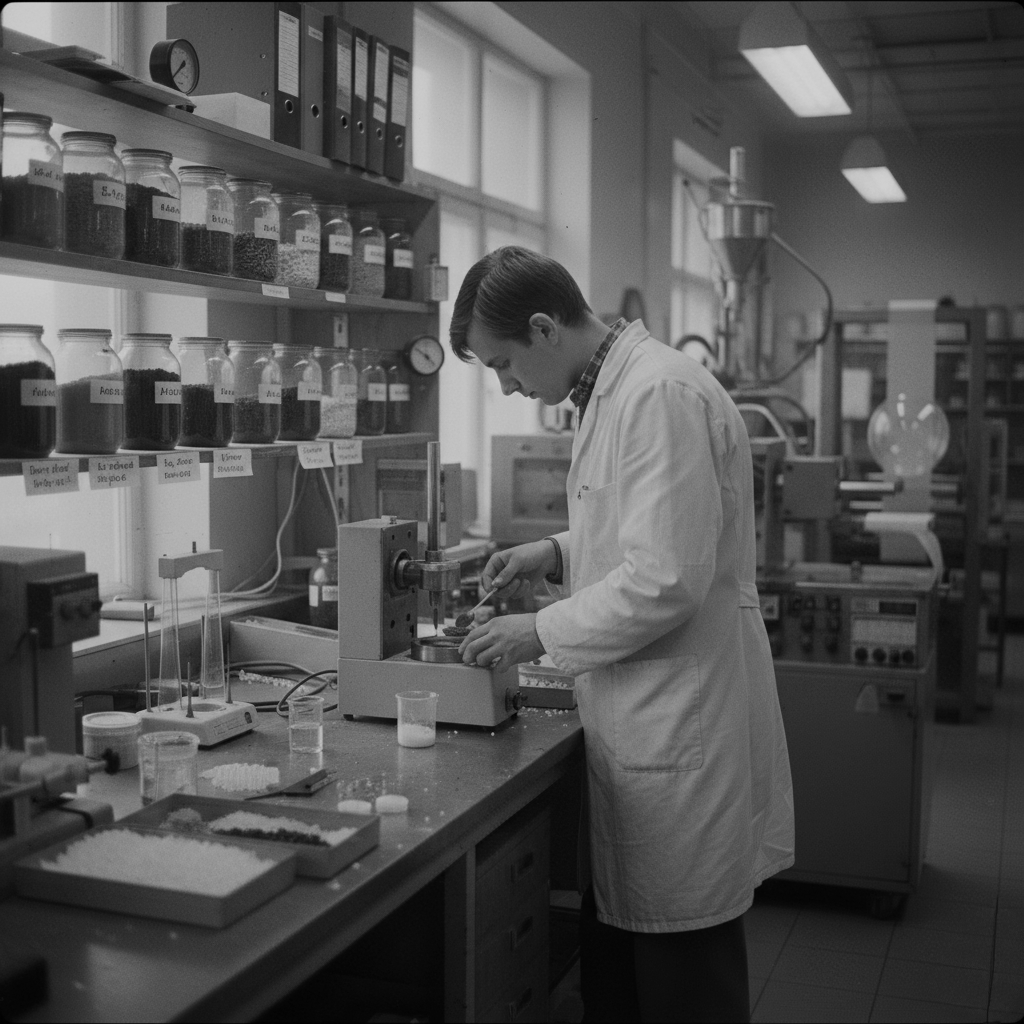 A scientist in a lab coat working with laboratory equipment in a laboratory with shelves of labeled jars and scientific instruments.