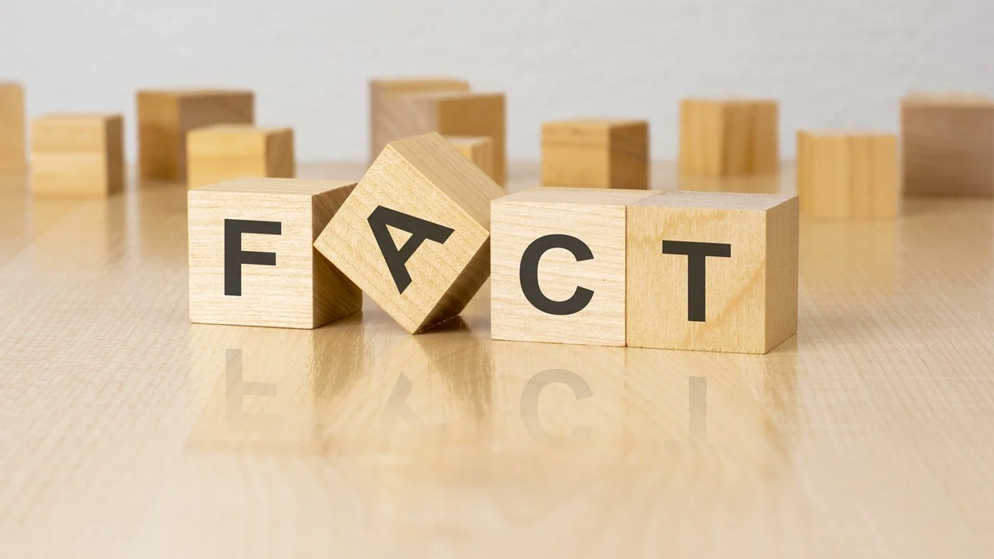 Wooden blocks spelling out 'FACT' on a wooden surface, with some blocks in the background.