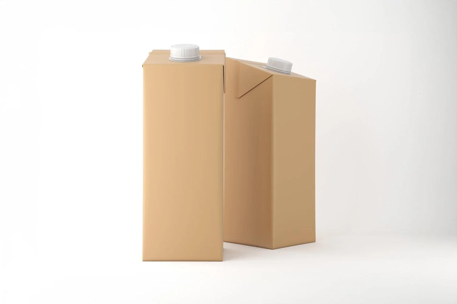 Two beige cartons with white screw caps placed on a white background.