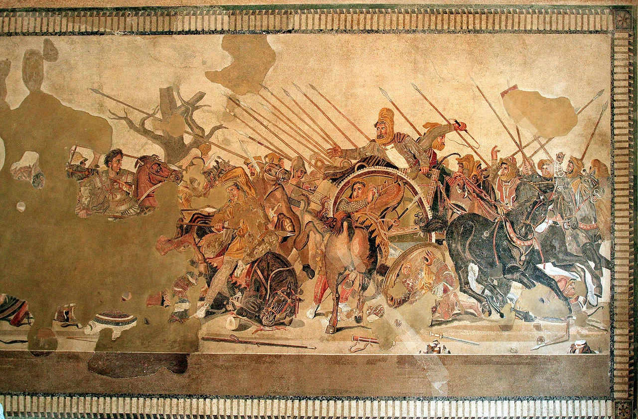 Fig. 1.7: Floor mosaic of the battle of Issus, between Alexander (on far left) and Darius III (central figure on right) found in the House of the Faun, Pompeii. 1st century CE. National Archaeological Museum, Naples.