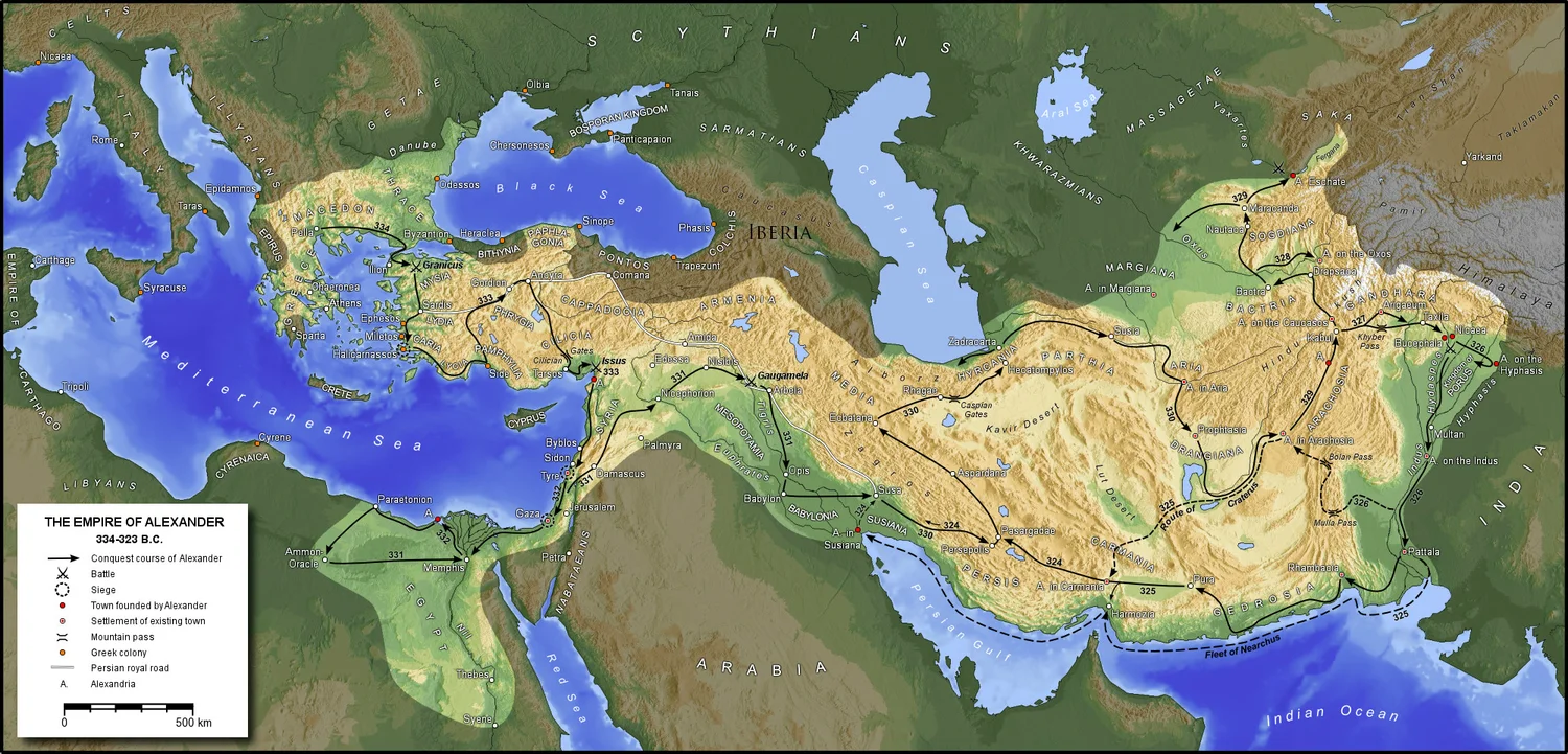 Map 1.1: Alexander’s empire at the time of his death.