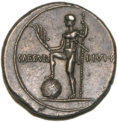 Fig. 3.12: Denarius depicting Augustus as a son of a god (perhaps as Neptune) resting his foot on the world. 27 BCE. Notice that the world is represented as a globe, which is contrary to belief that the earth came to be viewed as a sphere during the…