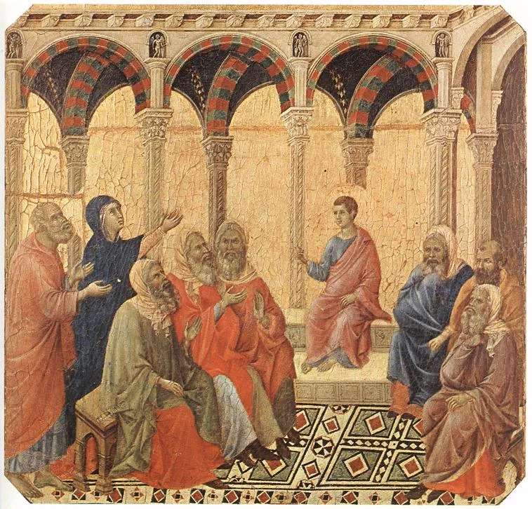 Fig. 4.14: Duccio di Buoninsegna, “Young Jesus Teaches in the Temple” from Luke 2:46-51. Pharisees and Sadducees are depicted. Museo dell’ Opera Metropolitana del Duomo, Siena, 1308-11.