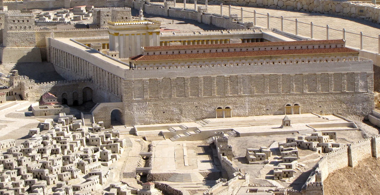 Fig. 4.27: Model of the entire Temple complex in the 1st century before its destruction by the Romans. Israel Museum, Jerusalem. The section of the Temple Mount which remains today (called the Western Wall) is in this photo part of the shadowed wall…