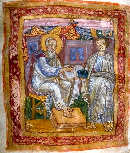 Fig. 5.25: Manuscript illumination of the Apostle John and Marcion of Sinope (according to R. Eisler, The Enigma of the Fourth Apostle [Methuen &amp; Co., 1938, p. 158, plate XIII]). J. Pierpoint Morgan Library MS 748, folio 150 verso. 11th century.