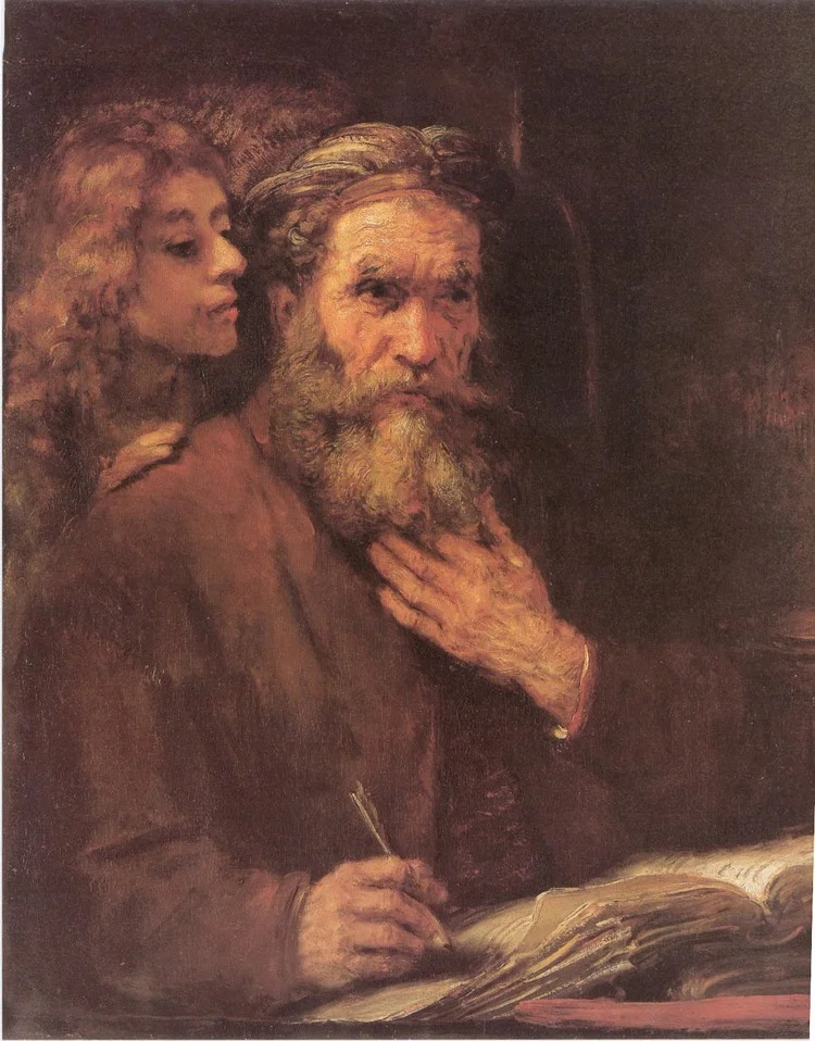 Fig. 5.26: Rembrandt’s “The Evangelist Matthew Inspired by an Angel.” Louvre-Lens, Lens, France. 1661. According to the Adoptionists, Matthew was the most Jewish of the New Testament writers.