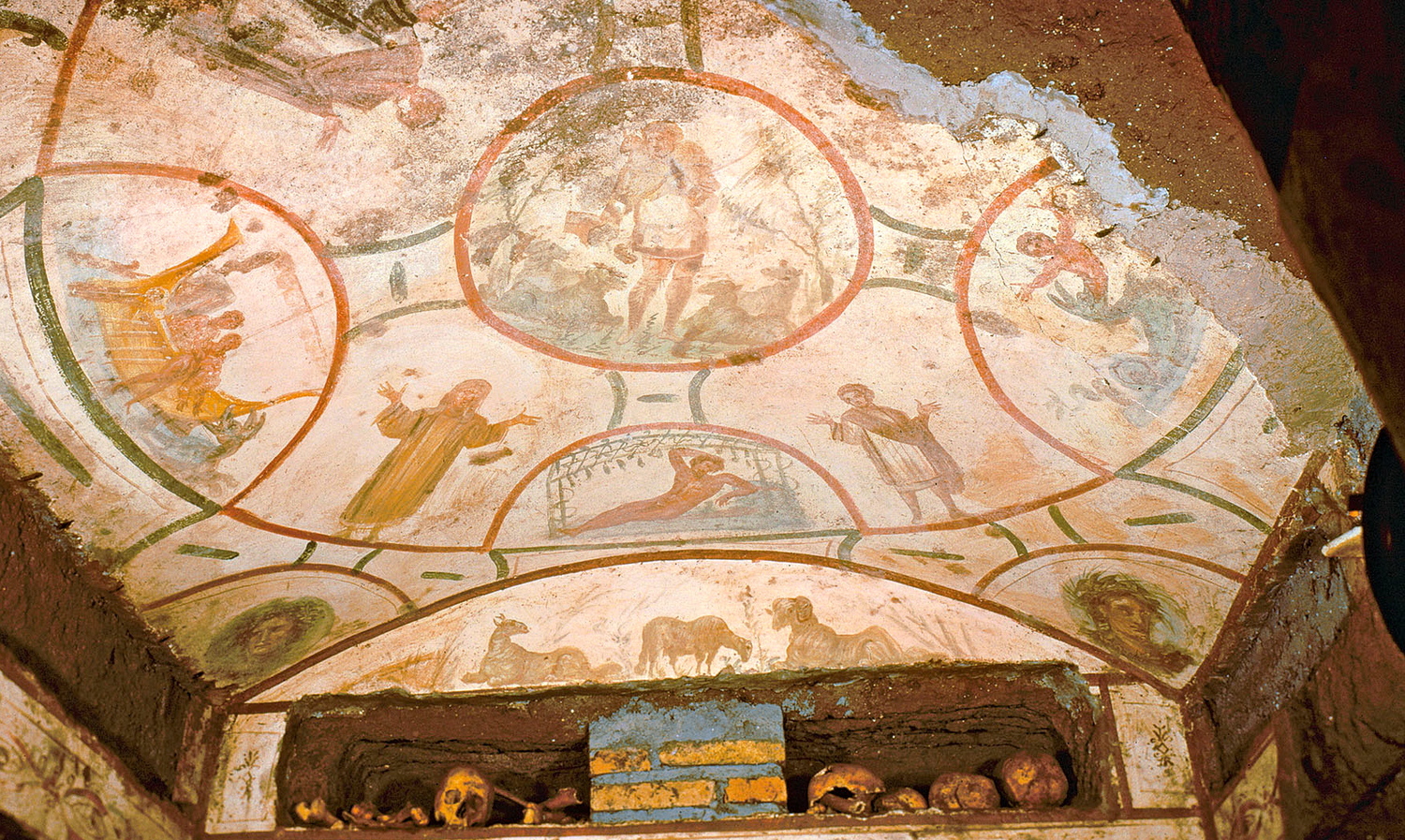 Fig. 5.36: Ceiling fresco of scenes from the Jewish bible. Catacombs of Peter and Marcellinus, Rome. c. 300. For example, on the far left Jonah is being cast into the sea, and on the far right he is vomited out by the fish. The story of Jonah was of…