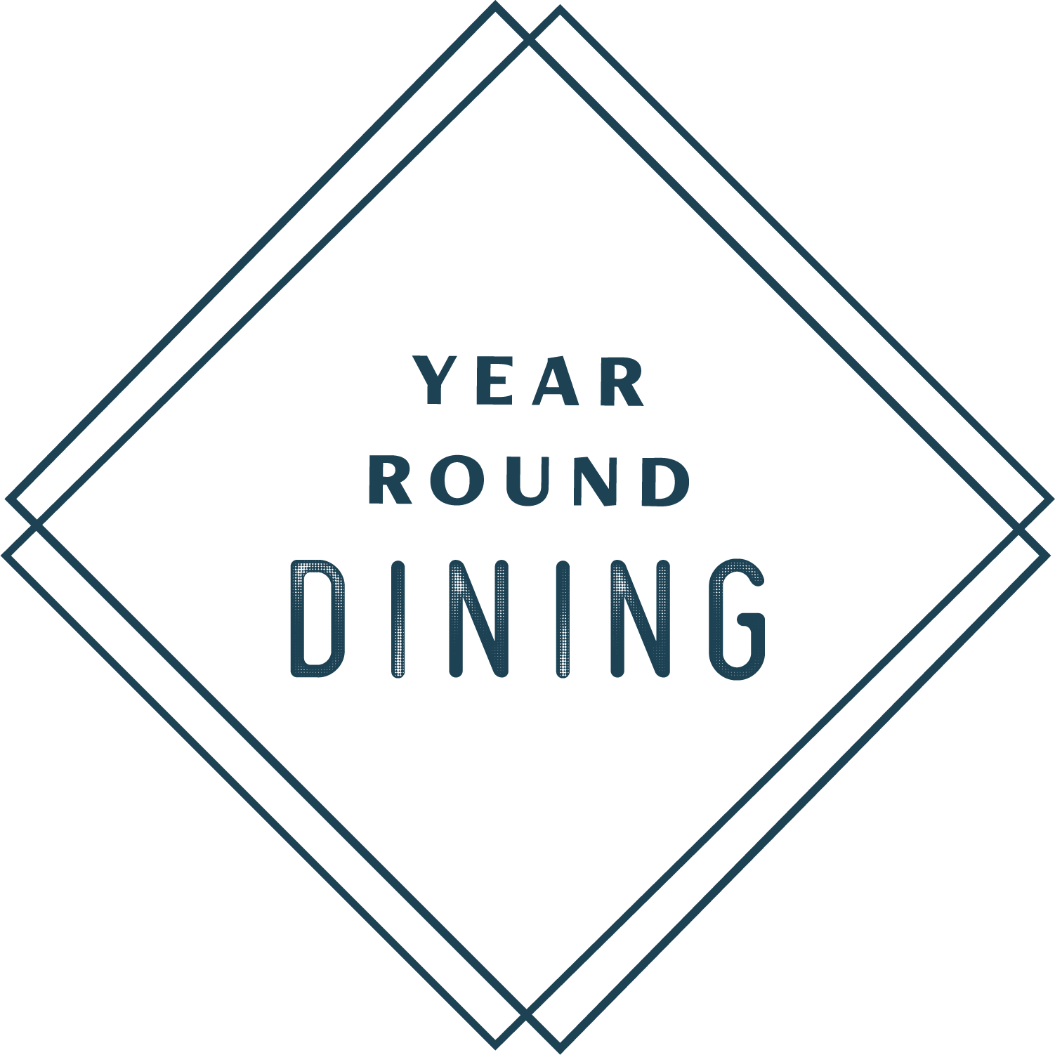 A black background with a layered geometric outline of overlapping diamonds in blue and gray. Inside the largest diamond shape, the text reads "Year Round Dining" in bold, capitalized blue letters.