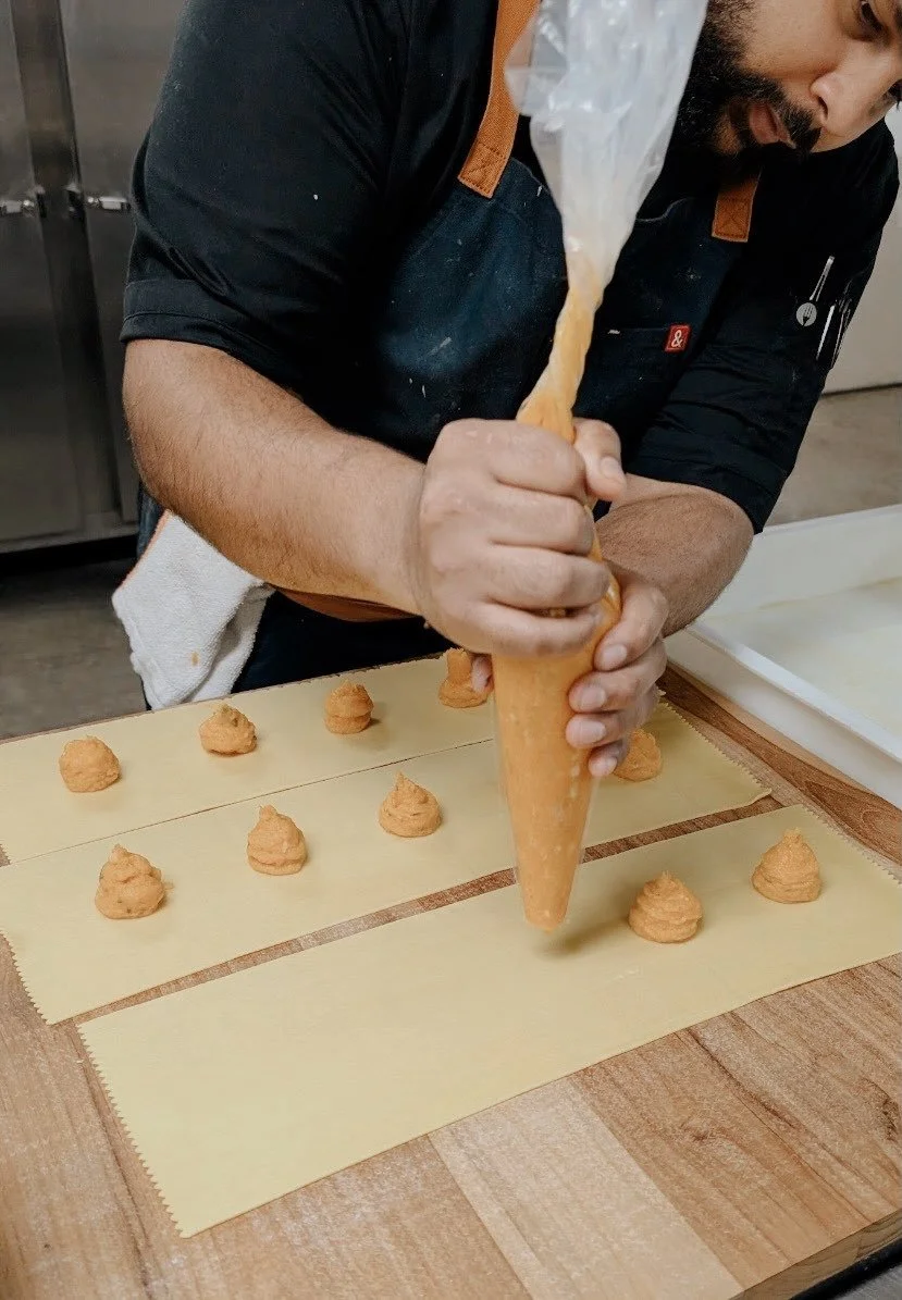 Head chef making squash agnolotti.